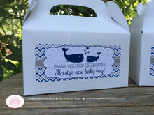 Load image into Gallery viewer, Navy Blue Whale Baby Shower Treat Boxes Favor Tags Bag Box Boy Girl Royal Grey White Chevron Boogie Bear Invitations Kristy Theme Printed