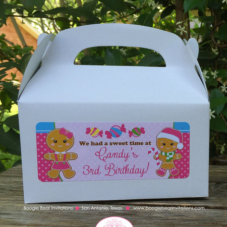 Gingerbread Girl Pink Party Treat Boxes Birthday Favor Snow Lollipop Snowflake Christmas House Sweet Boogie Bear Invitations Candy Sue Theme