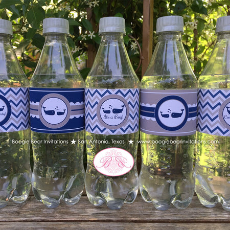 Navy Blue Whale Baby Shower Bottle Wraps Wrappers Cover Label Boy Girl Royal Grey Silver White Chevron Boogie Bear Invitations Kristy Theme