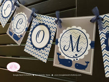 Load image into Gallery viewer, Navy Blue Whale Baby Shower Party Banner Welcome Boy Girl White Little Valentines Day Chevron Boogie Bear Invitations Kristy Theme Printed