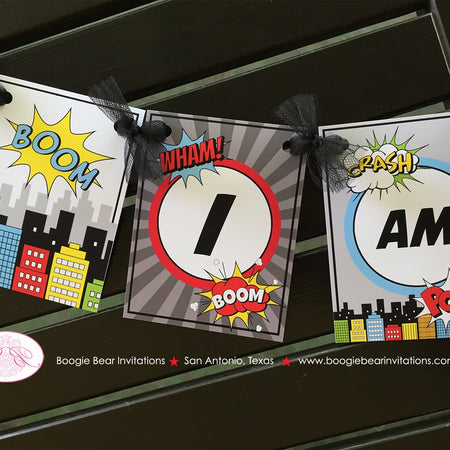 Retro Superhero I am 1 Highchair Banner Birthday Party Super Girl Boy Red Blue Skyline City Cityscape Comic Boogie Bear Invitations Max Them