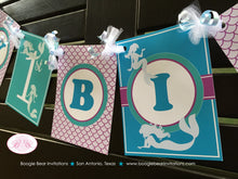 Load image into Gallery viewer, Mermaid Pool Happy Birthday Banner Party Girl Swimming Purple Teal Aqua Turquoise Blue Ocean Tail Swim Boogie Bear Invitations Andrina Theme