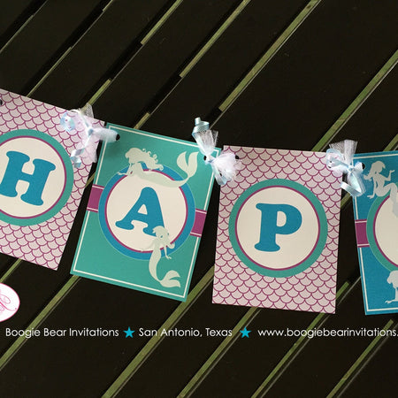 Mermaid Pool Happy Birthday Banner Party Girl Swimming Purple Teal Aqua Turquoise Blue Ocean Tail Swim Boogie Bear Invitations Andrina Theme