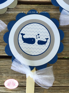 Navy Blue Whale Cupcake Toppers Baby Shower Little Boy Girl Mama Grey White Chevron Pool Swim Boogie Bear Invitations Kristy Theme Printed