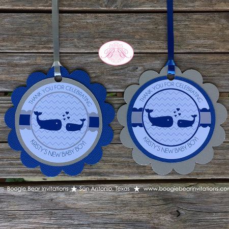 Navy Blue Whale Baby Shower Favor Tags Gift Bag Mama Little Chevron Grey Royal White Ribbon Thank You Boogie Bear Invitations Kristy Theme