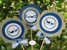 Load image into Gallery viewer, Blue Whale Baby Shower Centerpiece Set Boy Grey White Chevron Navy Royal Scallop Ribbon Pool Swim Party Boogie Bear Invitations Kristy Theme