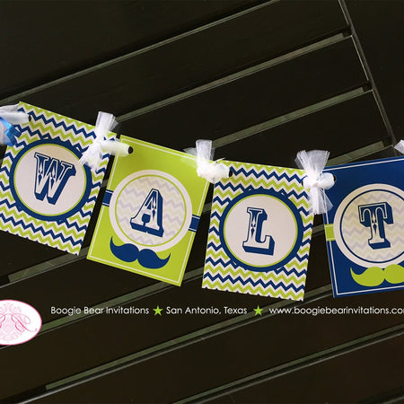 Mustashe Birthday Party Banner Small Bash Little Man Boy Lime Green Navy Blue Retro 1st 2nd 3rd Boogie Bear Invitations Walter Theme Printed