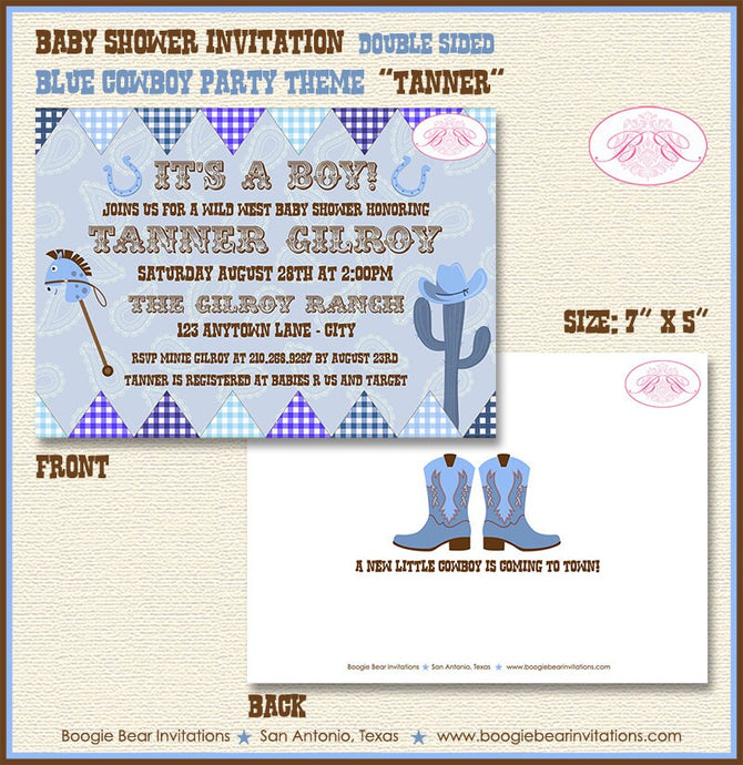 Blue Cowboy Baby Shower Invitation Boots Hat Horse Paisley Gingham Navy 1st Boogie Bear Invitations Tanner Theme Paperless Printable Printed