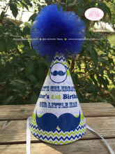 Load image into Gallery viewer, Mustache Bash Birthday Party Hat Navy Blue Lime Green Chevron Boy Little Man Retro Modern Honoree 1st Boogie Bear Invitations Walter Theme