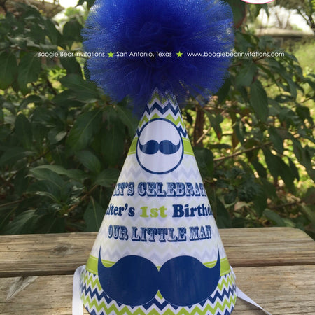 Mustache Bash Birthday Party Hat Navy Blue Lime Green Chevron Boy Little Man Retro Modern Honoree 1st Boogie Bear Invitations Walter Theme