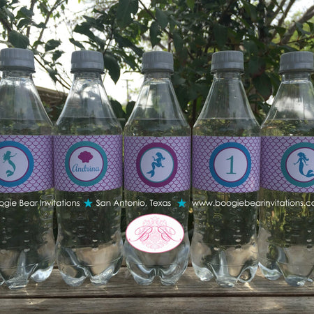 Mermaid Pool Party Bottle Wraps Wrappers Cover Label Girl Birthday Purple Blue Ocean Swim Swimming Boogie Bear Invitations Andrina Theme