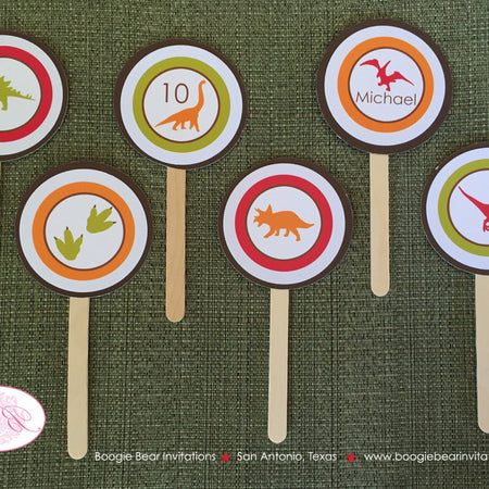 Dinosaur Birthday Party Cupcake Toppers Red Orange Green Brown Boy Girl Paleontology Stomp Prehistoric Boogie Bear Invitations Michael Theme