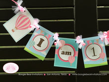 Load image into Gallery viewer, Hot Air Balloon Highchair I am 1 Banner Birthday Party Pink Teal Aqua Turquoise Ribbon Girl 1st 2nd Boogie Bear Invitations Margaret Theme