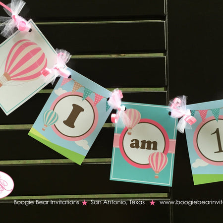 Hot Air Balloon Highchair I am 1 Banner Birthday Party Pink Teal Aqua Turquoise Ribbon Girl 1st 2nd Boogie Bear Invitations Margaret Theme