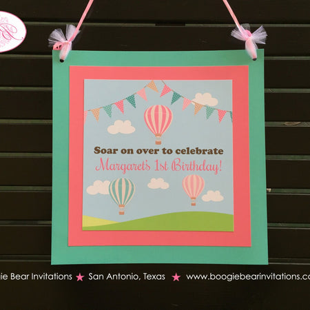 Hot Air Balloon Birthday Door Banner Girl Party Pink Teal Aqua Turquoise Pilot Balloon Field Aeronaut Boogie Bear Invitations Margaret Theme