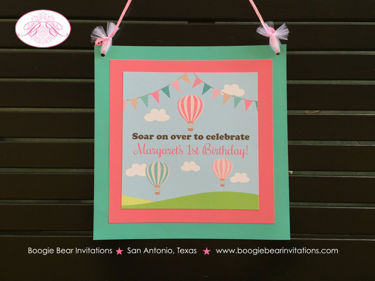 Hot Air Balloon Birthday Door Banner Girl Party Pink Teal Aqua Turquoise Pilot Balloon Field Aeronaut Boogie Bear Invitations Margaret Theme