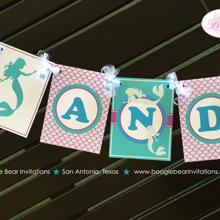 Mermaid Pool Birthday Party Name Banner Girl Swimming Pool Swim Ocean Beach Purple Teal Aqua Turquoise Boogie Bear Invitations Andrina Theme