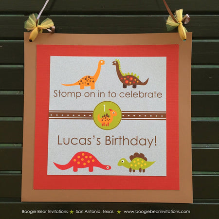 Little Dinosaur Birthday Party Door Banner Boy Girl Red Orange Yellow Green Brown Prehistoric Jurassic Boogie Bear Invitations Lucas Theme