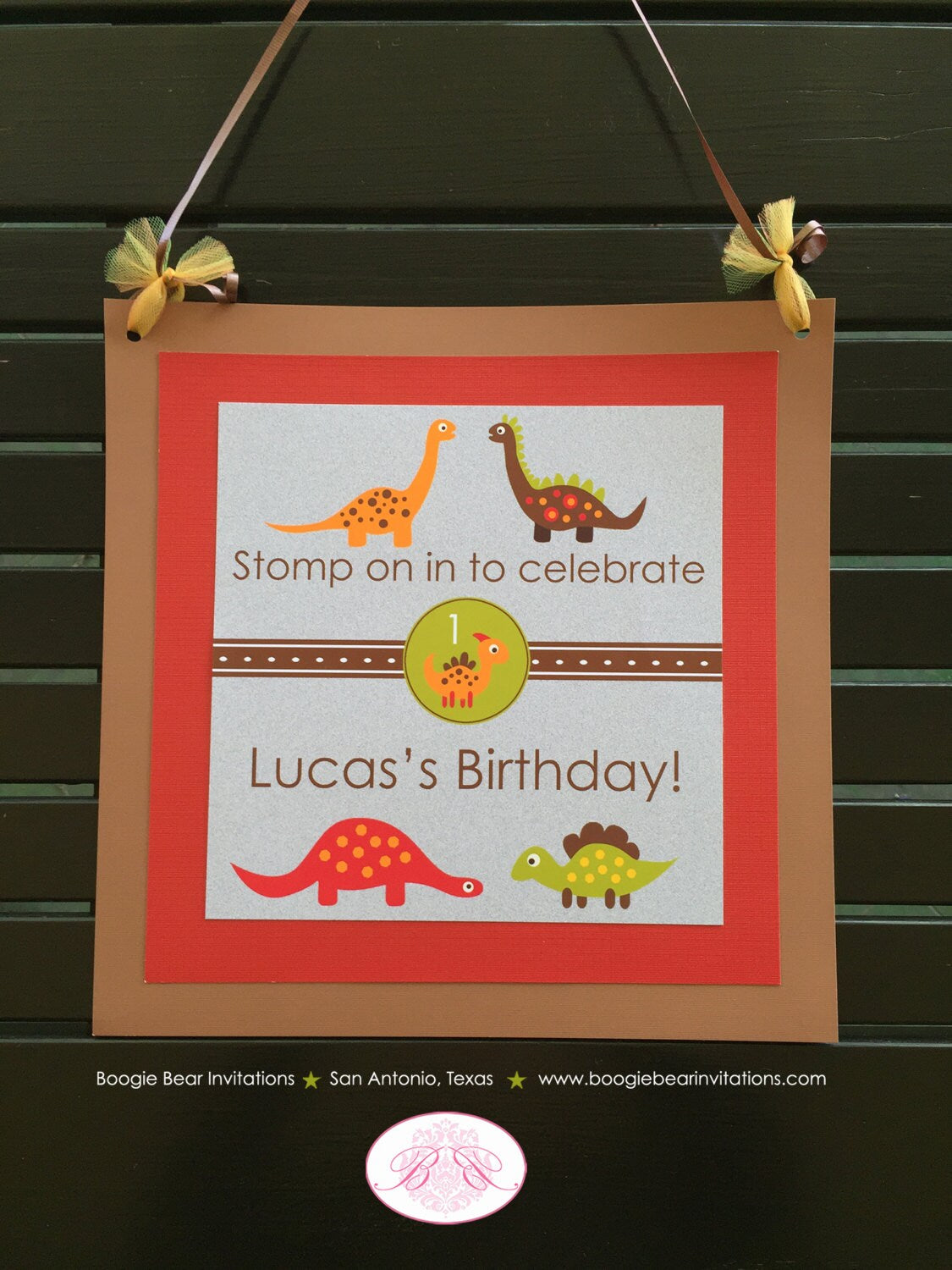 Little Dinosaur Birthday Party Door Banner Boy Girl Red Orange Yellow Green Brown Prehistoric Jurassic Boogie Bear Invitations Lucas Theme