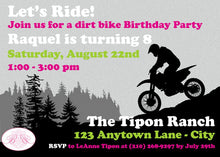 Load image into Gallery viewer, Dirt Bike Birthday Party Invitation Pink Lime Green Girl Enduro Motocross Racing Race Mountain Boogie Bear Invitations Raquel Theme Print