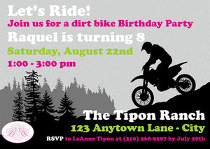 Dirt Bike Birthday Party Invitation Pink Lime Green Girl Enduro Motocross Racing Race Mountain Boogie Bear Invitations Raquel Theme Print