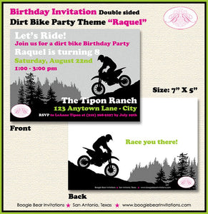 Dirt Bike Birthday Party Invitation Pink Lime Green Girl Enduro Motocross Racing Race Mountain Boogie Bear Invitations Raquel Theme Print