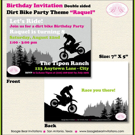 Dirt Bike Birthday Party Invitation Pink Lime Green Girl Enduro Motocross Racing Race Mountain Boogie Bear Invitations Raquel Theme Print
