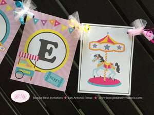 Amusement Park Birthday Party Banner Girl Name Carousel Horse Girl Pink Blue Ferris Wheel Circus Ride Boogie Bear Invitations Camille Theme