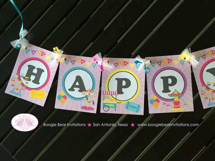 Amusement Park Happy Birthday Banner Carousel Horse Ride Girl Pink Blue 1st 2nd 3rd 4th 5th 6th 7th Boogie Bear Invitations Camille Theme
