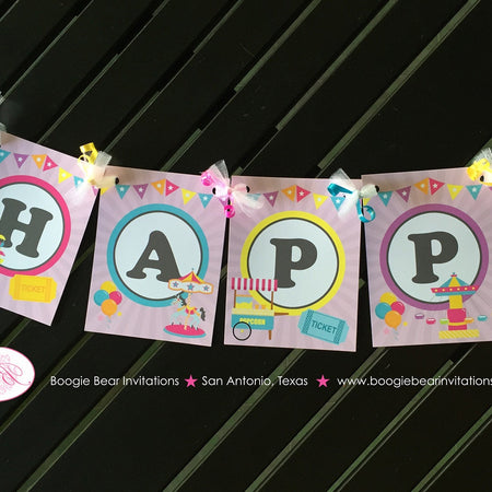 Amusement Park Happy Birthday Banner Carousel Horse Ride Girl Pink Blue 1st 2nd 3rd 4th 5th 6th 7th Boogie Bear Invitations Camille Theme