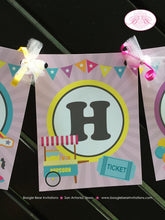 Load image into Gallery viewer, Amusement Park Happy Birthday Banner Carousel Horse Ride Girl Pink Blue 1st 2nd 3rd 4th 5th 6th 7th Boogie Bear Invitations Camille Theme