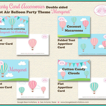 Hot Air Balloon Birthday Party Favor Card Tent Appetizer Food Place Tag Label Sign Girl Pink Aeronaut Boogie Bear Invitations Margaret Theme