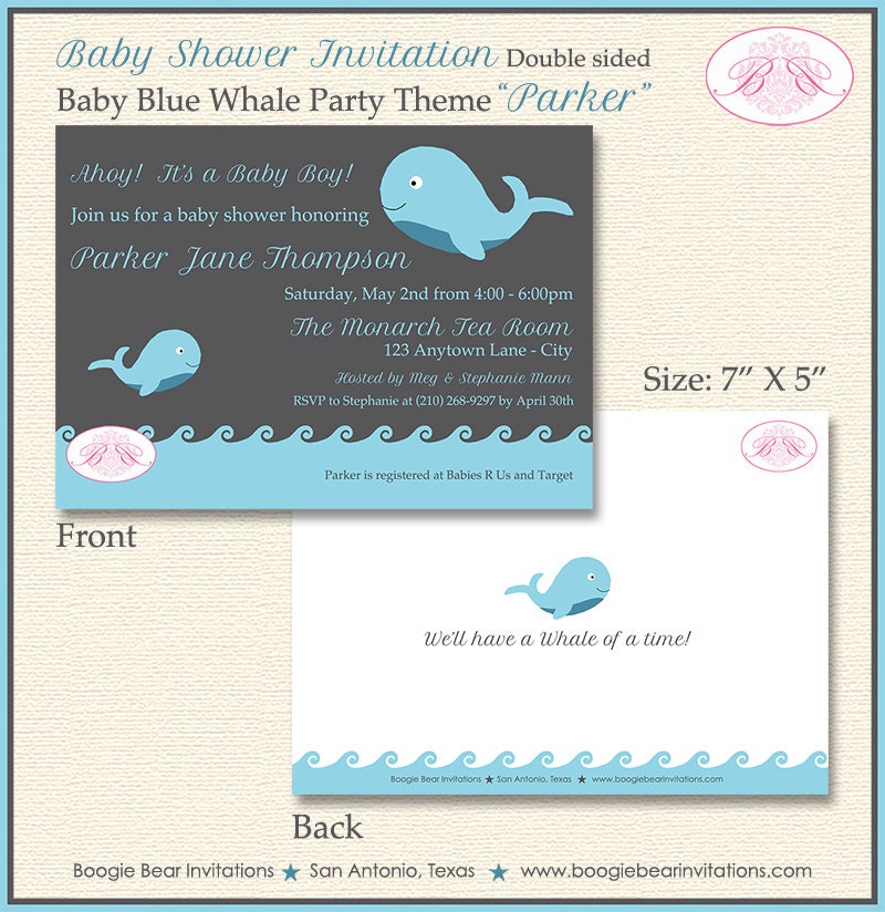 Blue Whale Baby Shower Invitation Boy Party Waves Mother Little Grey 1st Boogie Bear Invitations Parker Theme Paperless Printable Printed