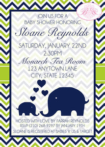 Blue Elephant Baby Shower Invitation Lime Green Navy Blue Chevron Boy Zoo Boogie Bear Invitations Sloane Theme Paperless Printable Printed