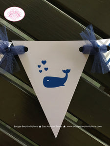 Navy Blue Whale Baby Shower Party Banner Pennant Garland Boy Royal Grey White Little Chevron Boogie Bear Invitations Kristy Theme Printed