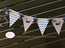 Load image into Gallery viewer, Navy Blue Whale Baby Shower Party Banner Pennant Garland Boy Royal Grey White Little Chevron Boogie Bear Invitations Kristy Theme Printed