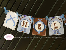 Load image into Gallery viewer, Blue Cowboy Welcome Baby Banner Shower Party Gunslinger Boots Lone Star Pistol Gun Paisley Gingham Navy Boogie Bear Invitations Shane Theme