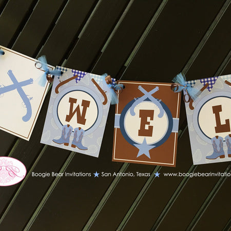 Blue Cowboy Welcome Baby Banner Shower Party Gunslinger Boots Lone Star Pistol Gun Paisley Gingham Navy Boogie Bear Invitations Shane Theme
