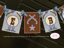 Load image into Gallery viewer, Blue Cowboy Welcome Baby Banner Shower Party Gunslinger Boots Lone Star Pistol Gun Paisley Gingham Navy Boogie Bear Invitations Shane Theme