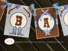 Load image into Gallery viewer, Blue Cowboy Welcome Baby Banner Shower Party Gunslinger Boots Lone Star Pistol Gun Paisley Gingham Navy Boogie Bear Invitations Shane Theme