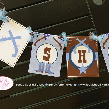 Blue Cowboy Baby Shower Name Banner Party Gunslinger Boots Lone Star Pistol Gun Paisley Gingham Navy 1st Boogie Bear Invitations Shane Theme