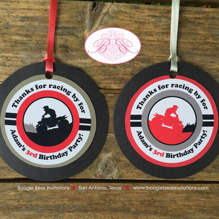 Red ATV Birthday Party Favor Tags Circle All Terrain Vehicle 4 Wheeler Off Road Quad Girl Boy Race Track Boogie Bear Invitations Adam Theme