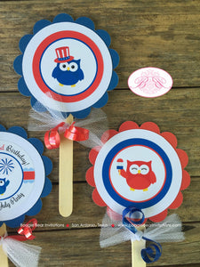 4th of July Owl Party Cupcake Toppers Birthday Boy Girl Fireworks Patriotic Flag USA Independence Day Boogie Bear Invitations Blakeley Theme