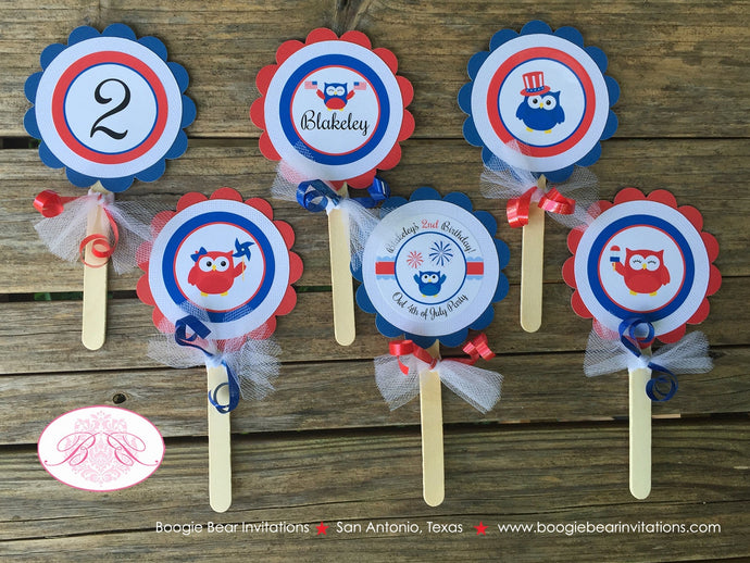 4th of July Owl Party Cupcake Toppers Birthday Boy Girl Fireworks Patriotic Flag USA Independence Day Boogie Bear Invitations Blakeley Theme