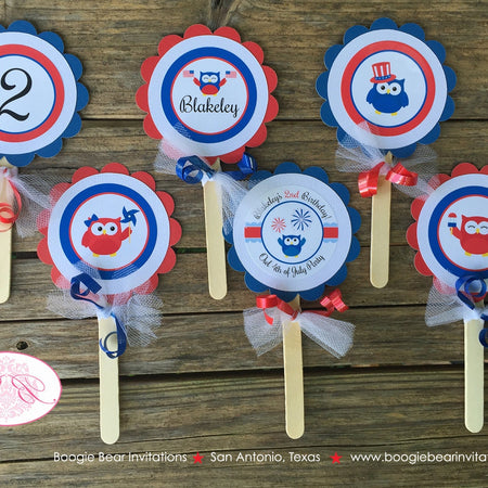 4th of July Owl Party Cupcake Toppers Birthday Boy Girl Fireworks Patriotic Flag USA Independence Day Boogie Bear Invitations Blakeley Theme