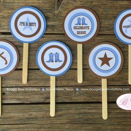 Blue Cowboy Baby Shower Cupcake Toppers Gunslinger Ranch Boots Brown Lone Star Boy Farm Rustic Ranch Boogie Bear Invitations Shane Theme