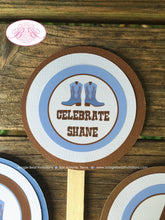Load image into Gallery viewer, Blue Cowboy Baby Shower Cupcake Toppers Gunslinger Ranch Boots Brown Lone Star Boy Farm Rustic Ranch Boogie Bear Invitations Shane Theme