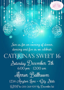 Blue Glowing Ornament Party Invitation Birthday Winter Girl 1st Sweet 16 Boogie Bear Invitations Caterina Theme Paperless Printable Printed
